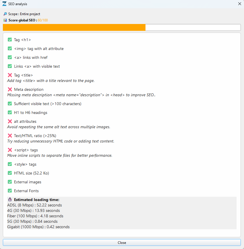 SEO Analysis Dialog